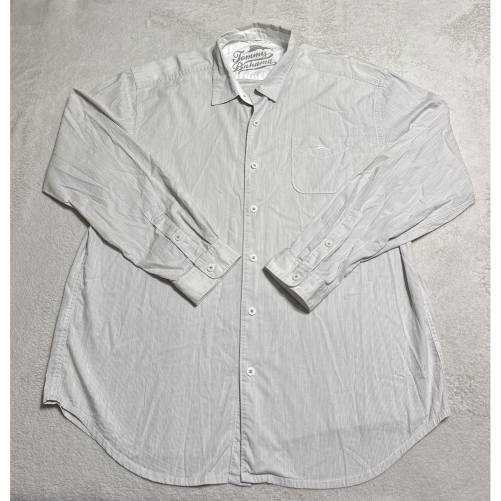Tommy Bahama Men's Shirt Size XL Light Gray Button Up Cotton Embroidered Logo